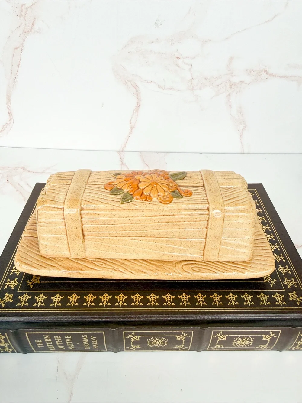Vintage Atlantic Mold Hand Painted Ceramic Butter Dish Cottagecore Floral